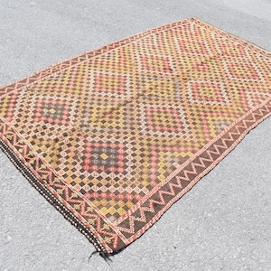 Orange kilim rug, Wool rug, Doormat rug, Turkish rug, Vintage rug, Bedroom rug, Small area rug,  4.9 x 8.3 Ft Bathmat, Aztec rug RR2621