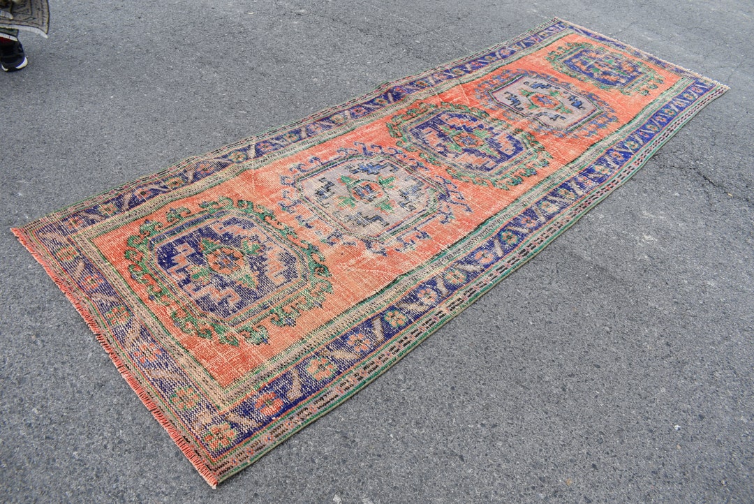 オレンジとブルーのトルコ製ラグ、ヴィンテージ ランナー ラグ