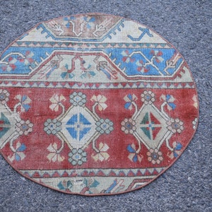 Turkish rug, Vintage rug, Handmade rug 2.7 x 2.7 Ft Round rug, Circle rug, Turkish Small rug, Home Decor, Doormat, Aztec rug Bathmat RR2836