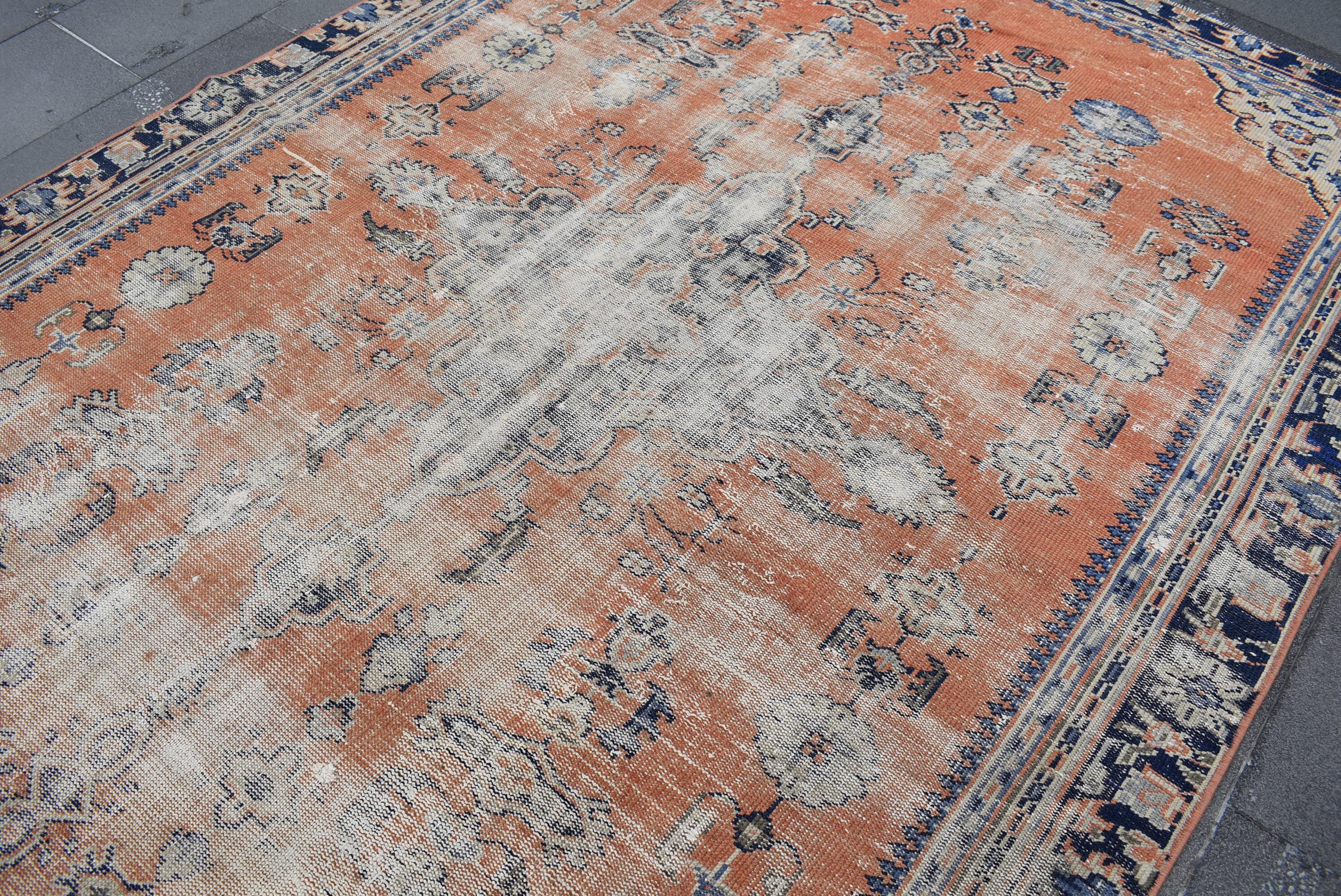 トルコラグ、ヴィンテージラグ、トルコ製オレンジラグ、5.6 x 8.2