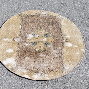 Turkish rug, Vintage rug, Small Area rug, Handmade Doormat rug, Oushak rug, 2.7 x 2.7 ft Orange round rug, Circle rug, Wool rug, RR2126