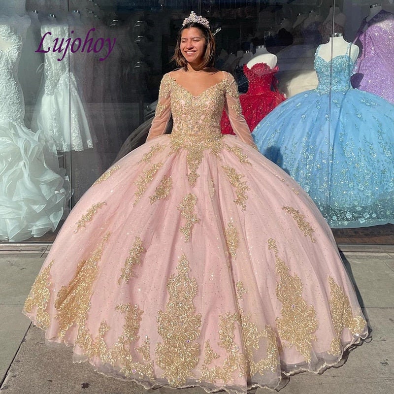 Pink Long Sleeve Lace Quinceanera 
