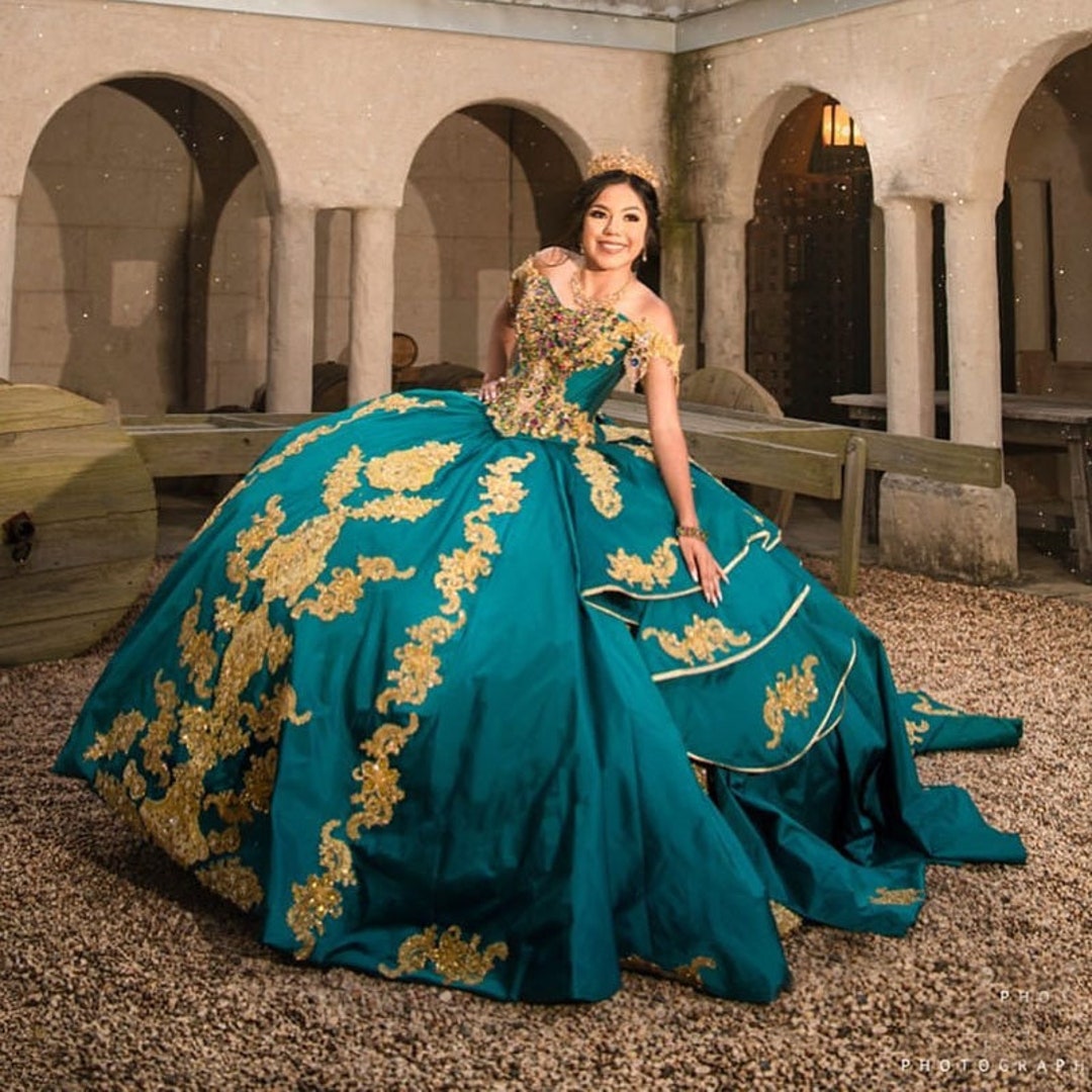 Teal and gold quinceanera dresses cheap
