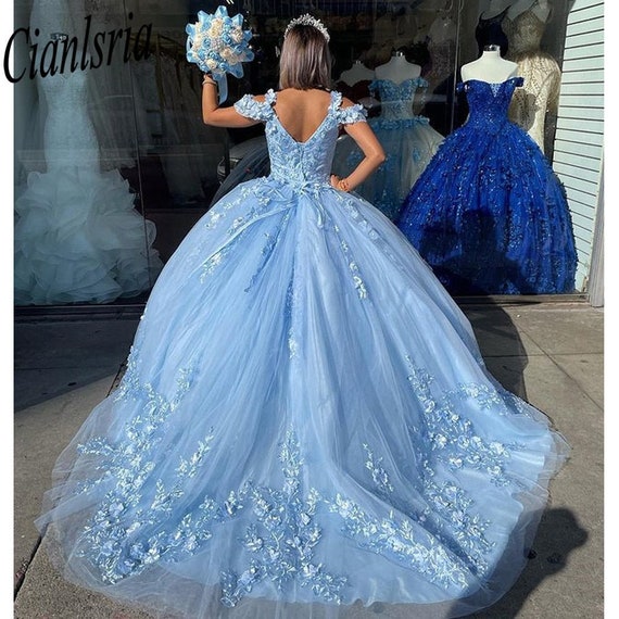 Mexican Sky Blue Quinceanera Dress With 3D Floral Applique Vestidos XV Años  Sweet 16 Dress Bow Robe De Soirée 2022 