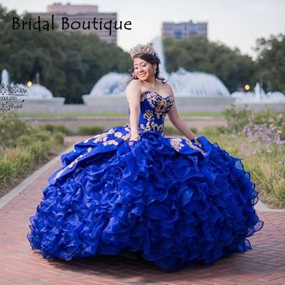 blue and gold quinceanera dresses