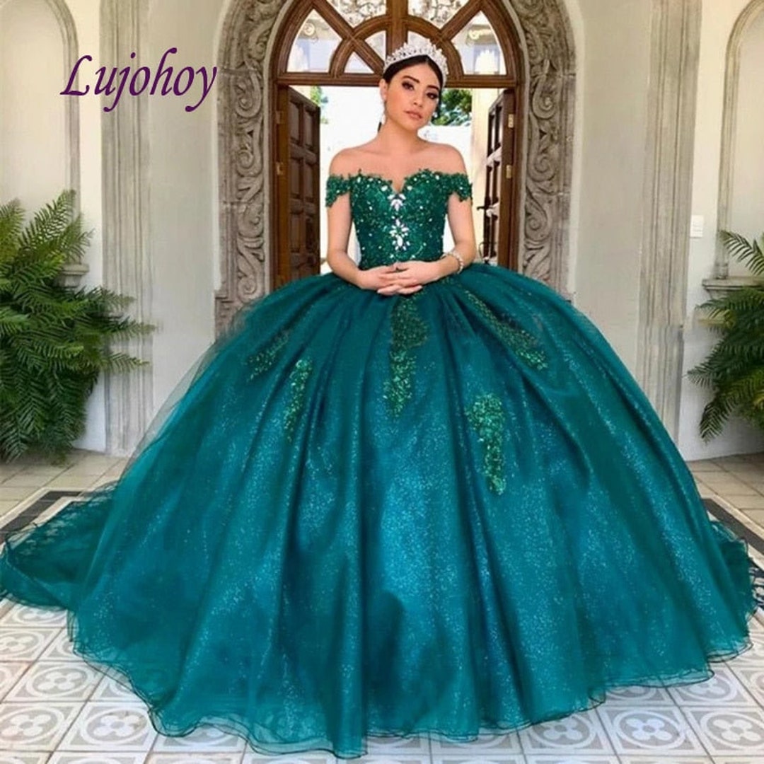 Green Quinceanera Dresses Ball Gown Mexican off Shoulder Princess
