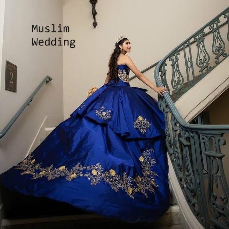 Royal Blue Quinceanera Dresses Mexican Gold Lace Sweet 16 - Etsy