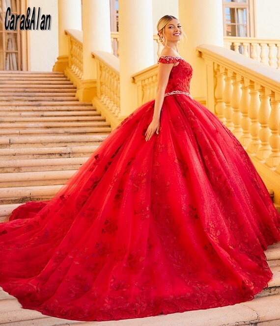 Charro Vestidos De XV Años Red Quinceanera Dresses Appliques - Etsy Charro Vestidos De XV Años Red Quinceanera Dresses Appliques - Etsy