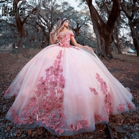 Pink Lace Wedding Ball Gowns Girl Quinceanera Formal Dresses