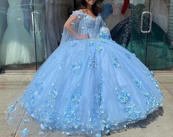 Vintage Baby Blue 3D Floral Flowers Quinceanera Dresses 2021