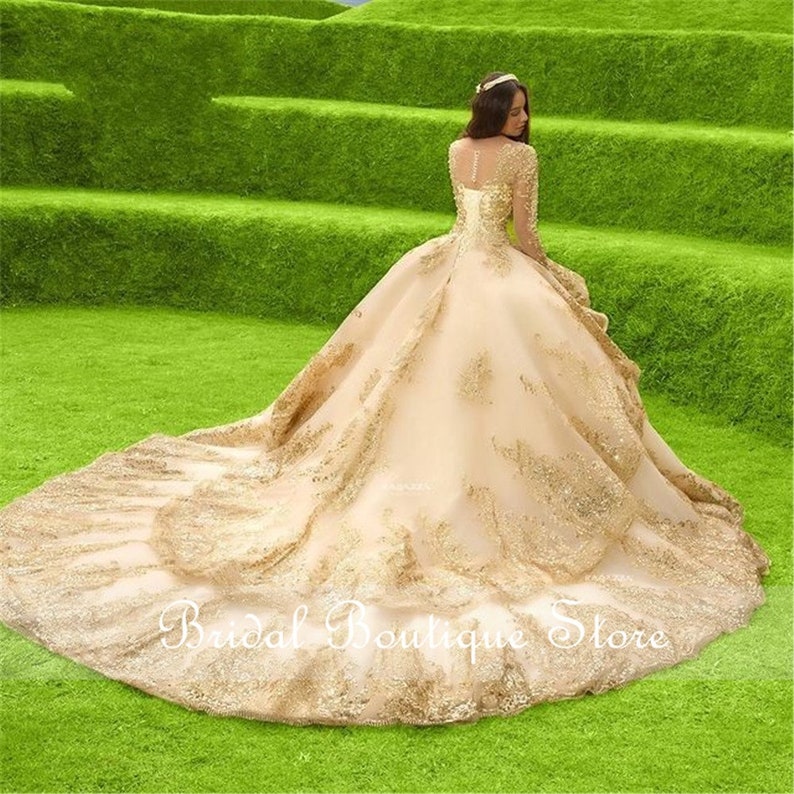 Princess Gold Quinceanera Dress Long Sleeves Applique Beading Etsy