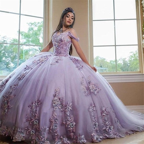 Lavender Ball Gown Embellished with Glitters and Floral Design Laces|Gowns -Diademstore.com