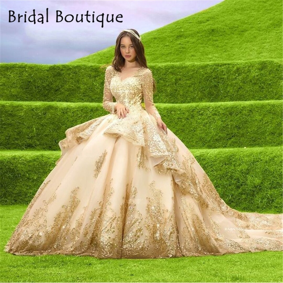 Princess Gold Quinceanera Dress Long Sleeves Applique Beading Etsy