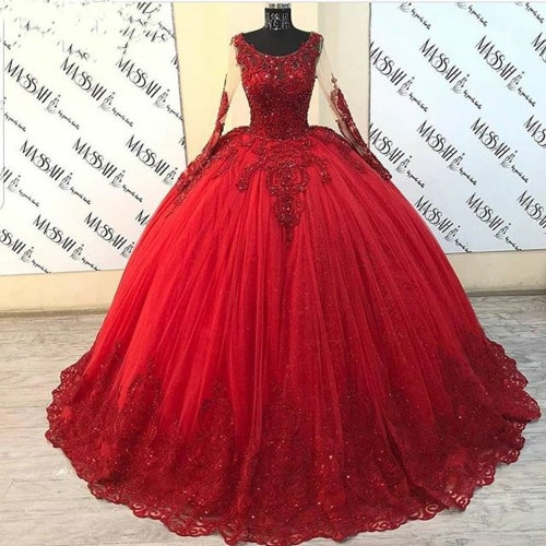 Puffy Ball Gown Quinceanera Dresses Long Sleeve Red Tulle - Etsy