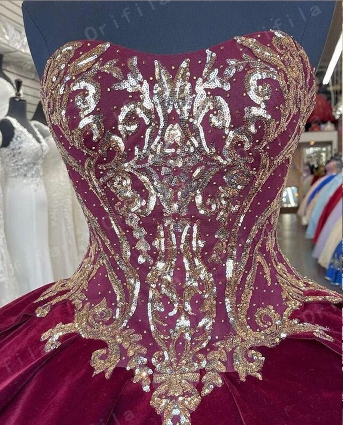 Vestidos De XV Años Red Velvet Quinceanera Dress Sequins Lace Etsy