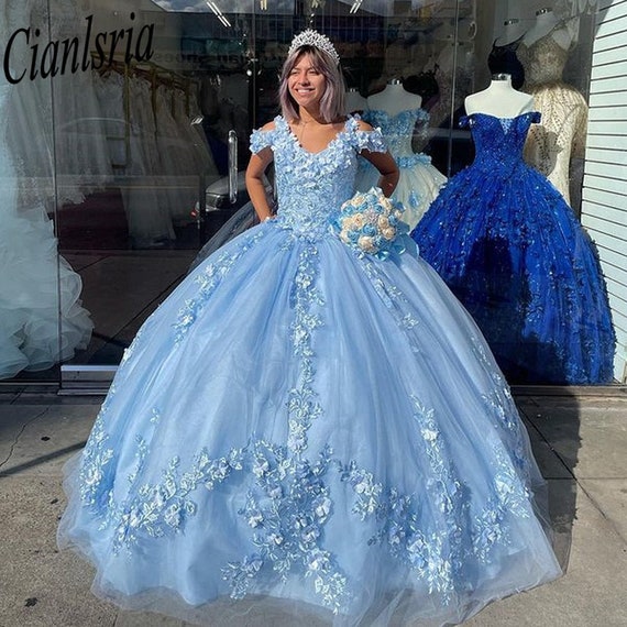 Vestido de quinceañera azul cielo mexicano con apliques florales 3D Vestidos  XV Años Sweet 16 vestido con lazo bata de soirée 2022 -  España
