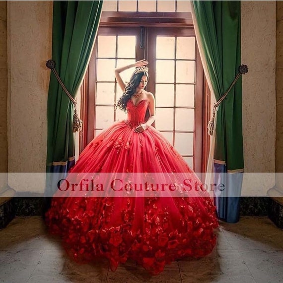 Shop sheer neckline red & black applique ball gown quinceanera dress with  long sleeves from