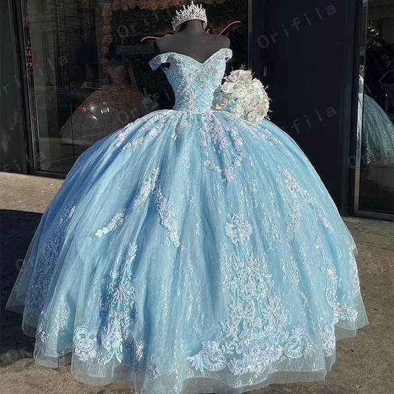 Mexican Sky Blue Quinceanera Dress With 3D Floral Applique Vestidos XV Años  Sweet 16 Dress Bow Robe De Soirée 2022 