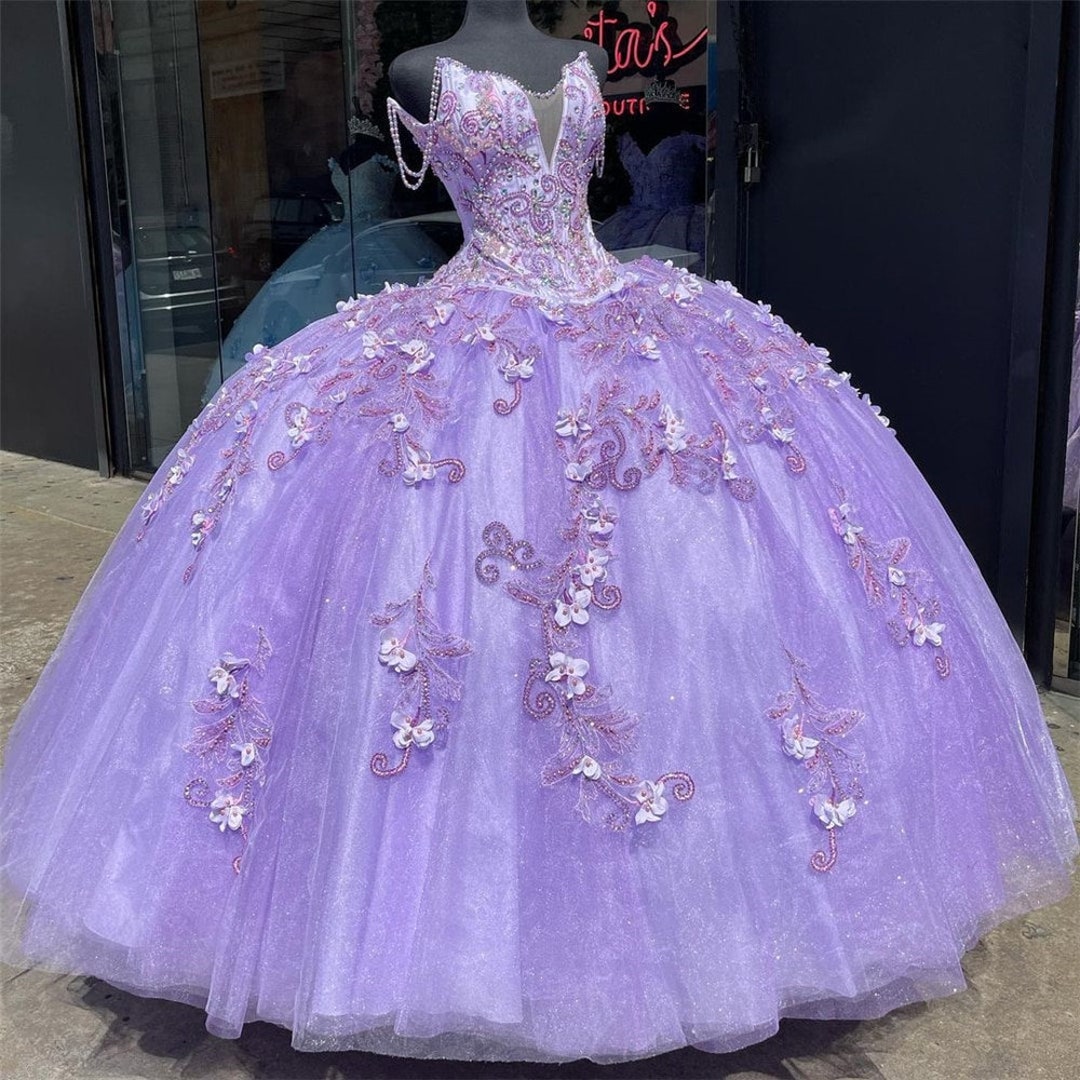 2021 Purple Beaded Puffy Ball Gown Quinceanera Dresses Beads - Etsy