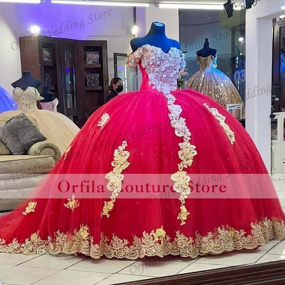 De XV Red Quinceanera Dresses With 3D Flowers Etsy