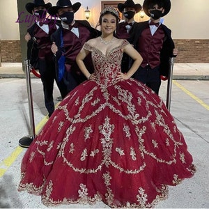 Luxury Red Gold Quinceanera Dresses Ball Gown Sequin Corset Plus Size ...