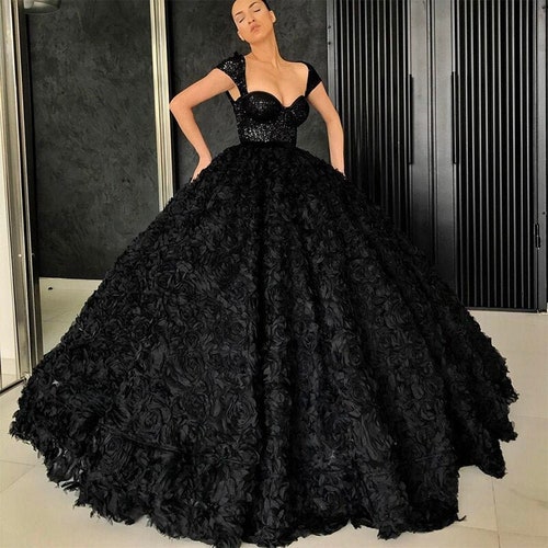 Black Ball Gown Prom Dresses 2021 3D Rose Flowers Sequins Lace - Etsy