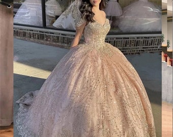 Blush Rosa Quinceañera Vestido V-Cuello Gorra Manga Encaje - Etsy España Blush Rosa Quinceañera Vestido V-Cuello Gorra Manga Encaje - Etsy España