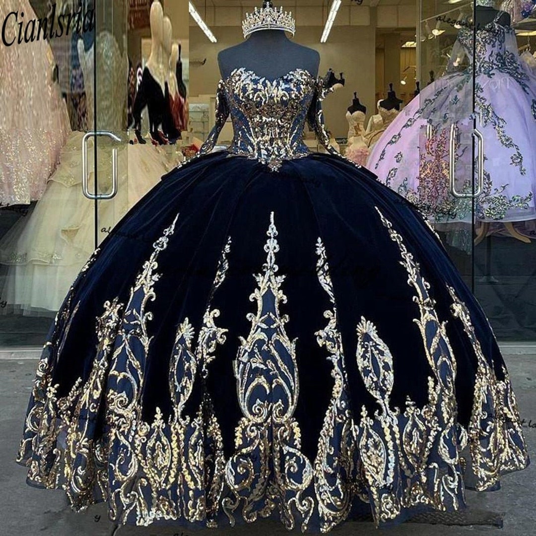 2021 Navy Blue Velvet Princess Quinceanera Dress Ball Gown - Etsy