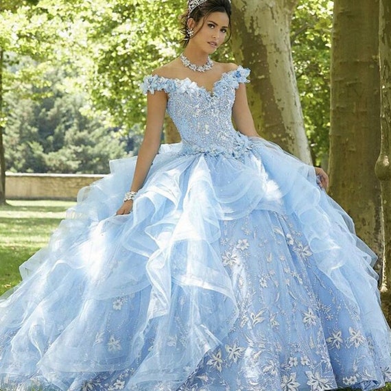 Vestido de quinceañera de encaje con cuello en V para niña de princesa, 16  apliques, vestido de fiesta de quinceañera, color azul cielo, 12