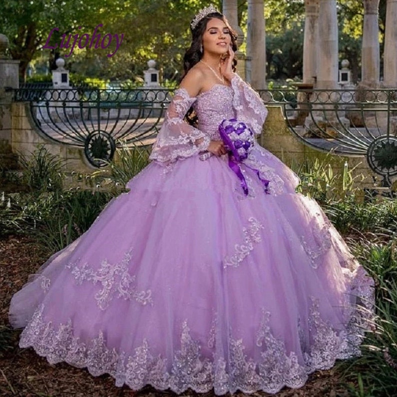 Lilac Long Sleeve Quinceanera Dresses Ball Gown off Shoulder | Etsy