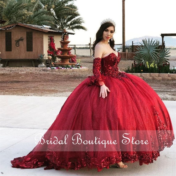 Burgundy Organza Sweet 16 Quinceanera Dress Sequined Applique