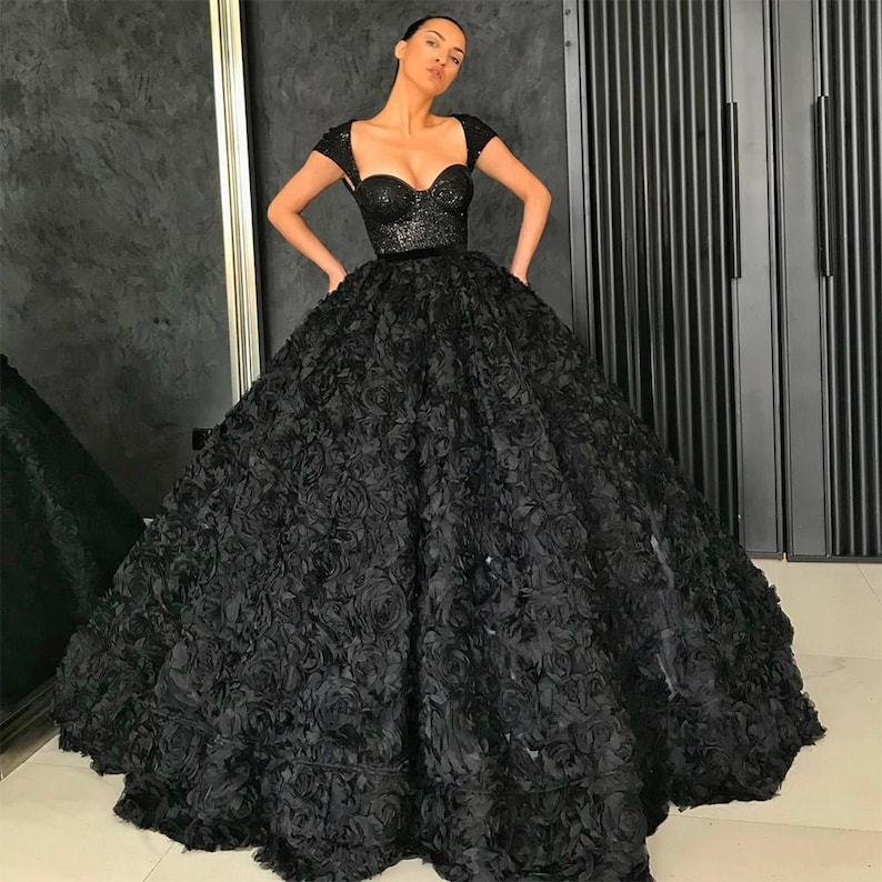 Black Ball Gown Prom Dresses 2021 3D Rose Flowers Sequins Lace - Etsy