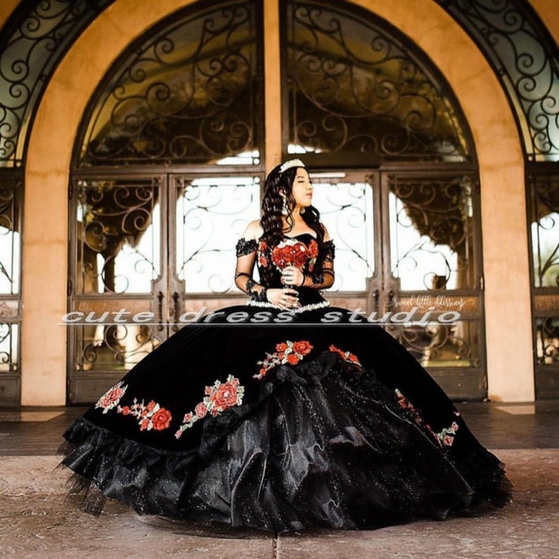 Mexican Black Quinceanera Dresses Long Sleeves Applique Beaded - Etsy