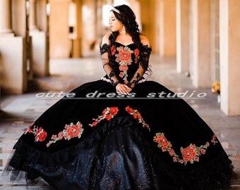 Mexican Black Quinceanera Dresses Long Sleeves Applique Beaded - Etsy Mexican Black Quinceanera Dresses Long Sleeves Applique Beaded - Etsy