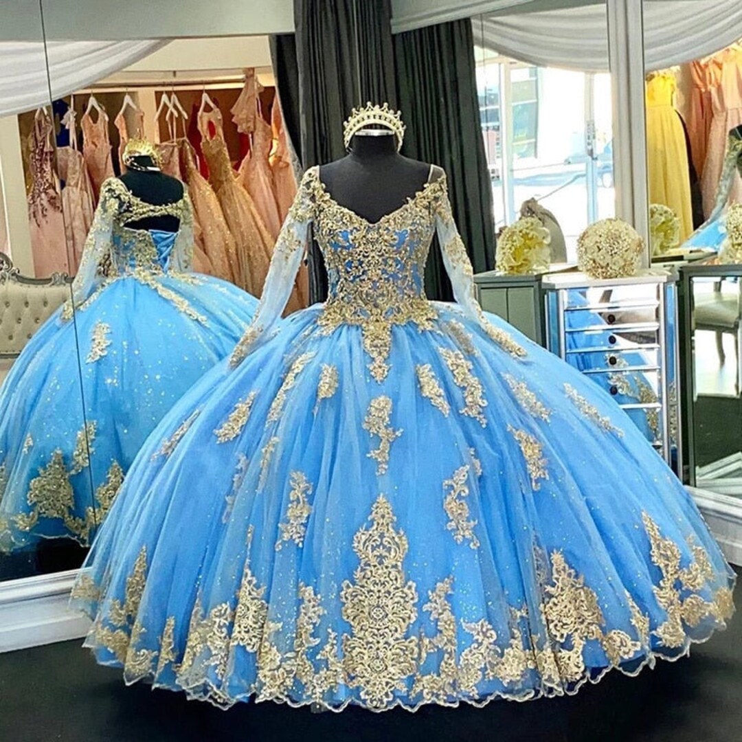 Blue Long Sleeve Lace Quinceanera Dresses Ball Gown Mexican Tulle ...