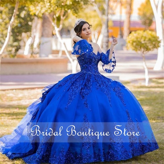 Royal Blue V Neck Long Sleeve Prom Dress, Floor Length Split Evening Dress  with Lace N1492 – Simibridaldresses