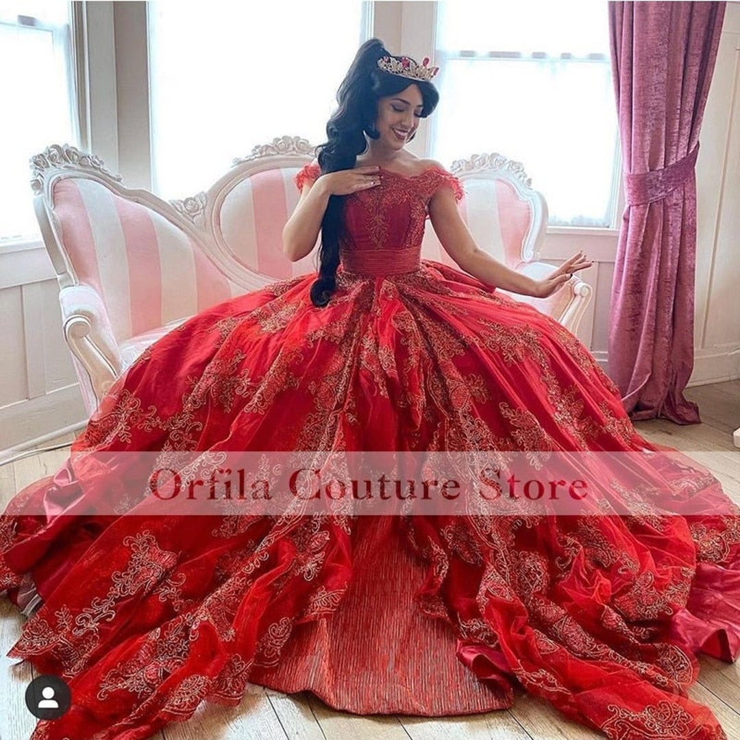 Vintage Dress Quinceanera Ball Gown 2022 Red Appliques - Etsy Vintage Dress Quinceanera Ball Gown 2022 Red Appliques - Etsy