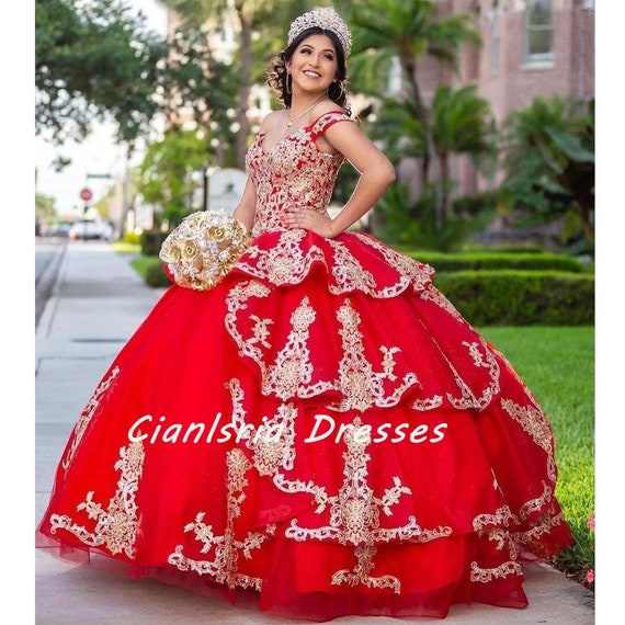 2022 Stunning Red and Gold Embellishment Quinceanera Dresses | Etsy