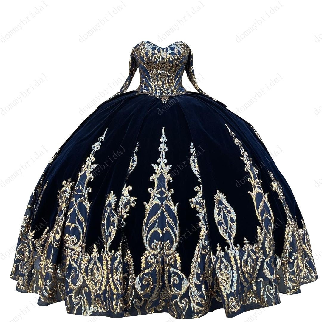 Amazing Black Velvet Gold Embellishment Sequined Lace Ball Gown Mexican