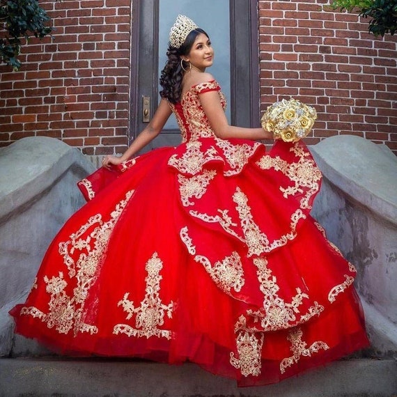 2022 Stunning Red and Gold Embellishment Quinceanera Dresses - Etsy  Australia