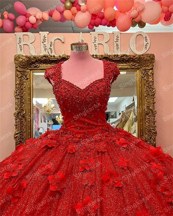 Sparkly Red Quinceañera Dress Strapless Prom Ball Gown FD1084 viniodre –  Viniodress