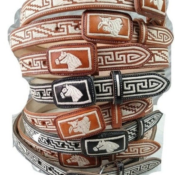 Cinto Vaquero Bordado Ancho de Greca Azteca Color Negro imp-13199