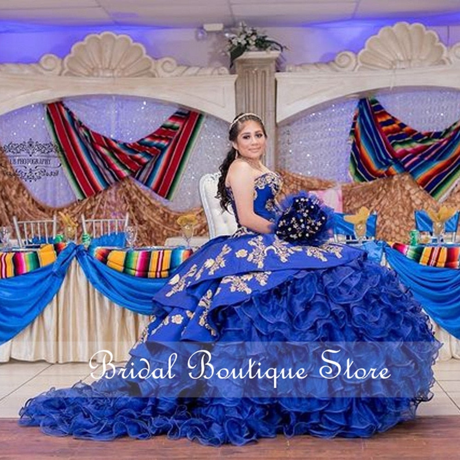 Royal Blue Mexican Quinceanera Dresses Gold Appliques Prom | Etsy