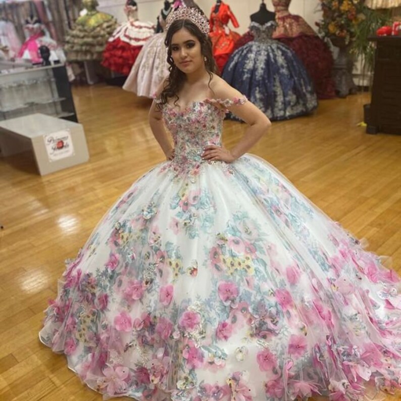 3D Floral Flowrs Quinceanera Ball Gown Dress Long Colorful - Etsy