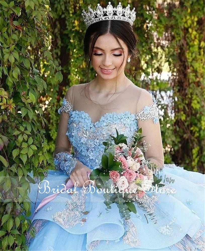 Robe princesse Quinceanera en dentelle bleu ciel pour filles, épaules  dénudées, grande taille, perlée, robes de bal pour fête d'anniversaire, 2023