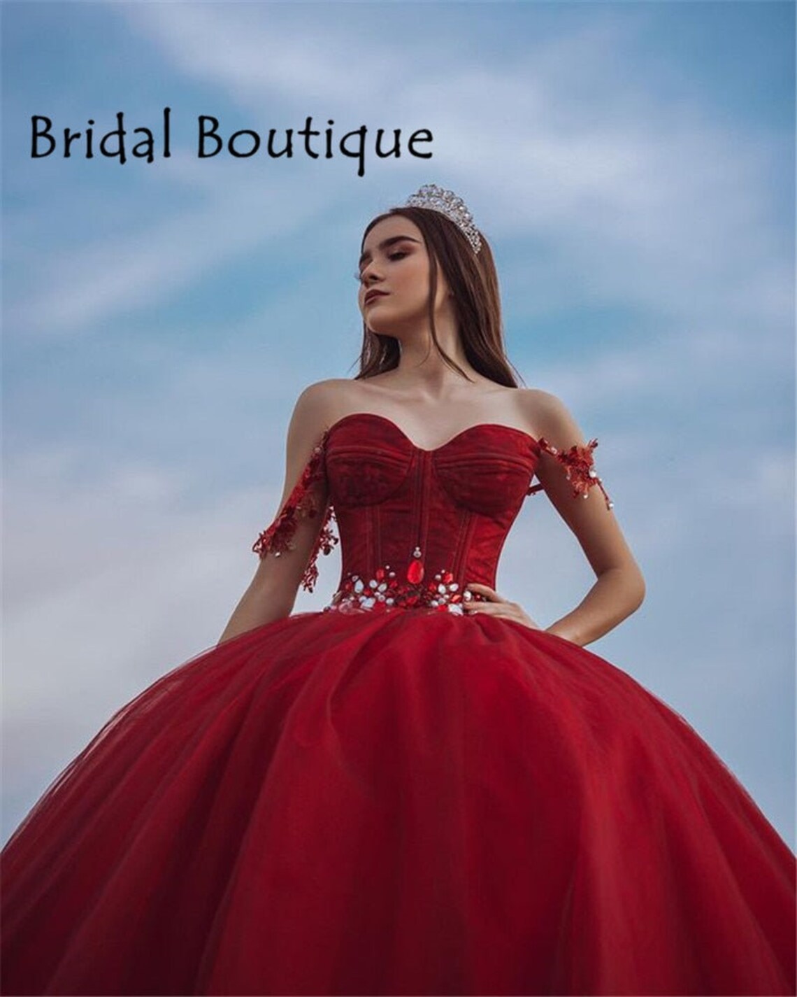 Red Ball Gown Quinceanera Dresses Puffy Princess Off Shoulder image 1