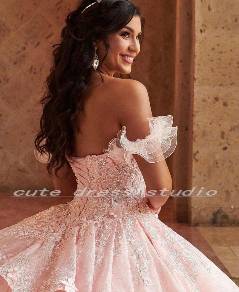 Mexican Sweet 16 Pink Quinceanera Dresses Lace Applique