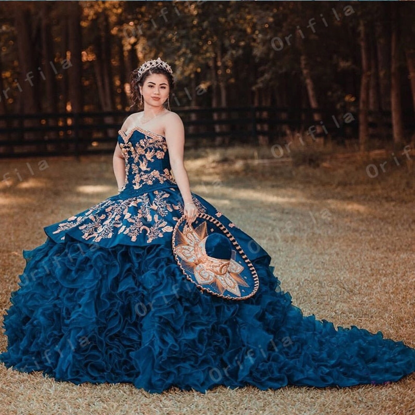 blue dress for baby girl Classic & Eleant Ball Gown Off Shoulder Sleeveless Gold Flowers Appliques Ruffles Tiered Navy Blue Tulle Quinceanera Dress Formal Evening Party Dress main image 1
