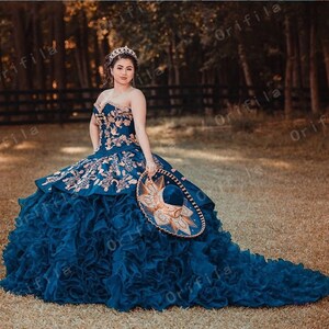 One Shoulder Sleeveless Beaded Sequins Appliques Ruffles Royal Blue Sweet 15 Quinceañera Dress WQ1888