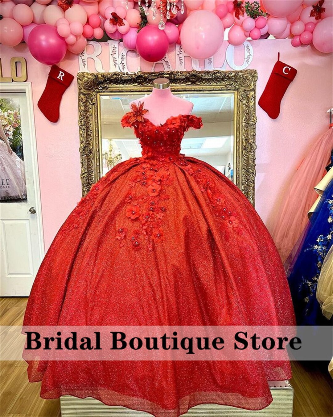Luxury Red Quinceanera Dresses 3D Flowers Appliques Crystalal - Etsy Hong  Kong